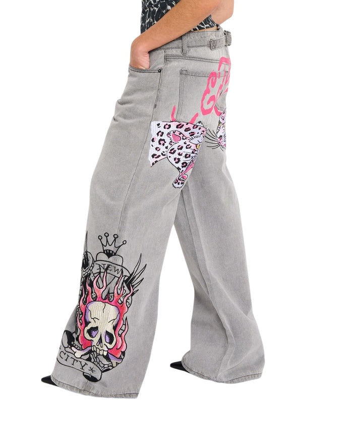 Ed Hardy Pink Skull Flame Baggy Jean Embroidered - WEHD8500-9