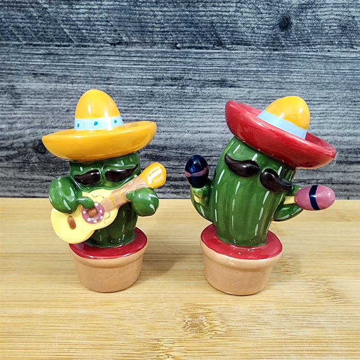 Fiesta Time Salt Pepper Set Mariachi Mexican Music Ceramic Cactus Blue Sky Decor