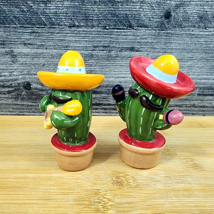 Fiesta Time Salt Pepper Set Mariachi Mexican Music Ceramic Cactus Blue Sky Decor