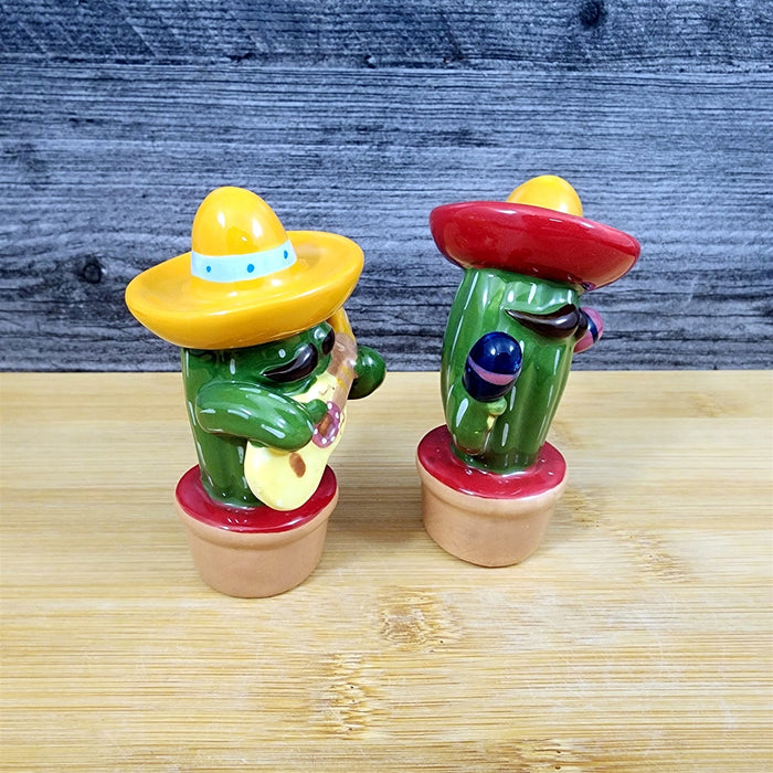 Fiesta Time Salt Pepper Set Mariachi Mexican Music Ceramic Cactus Blue Sky Decor