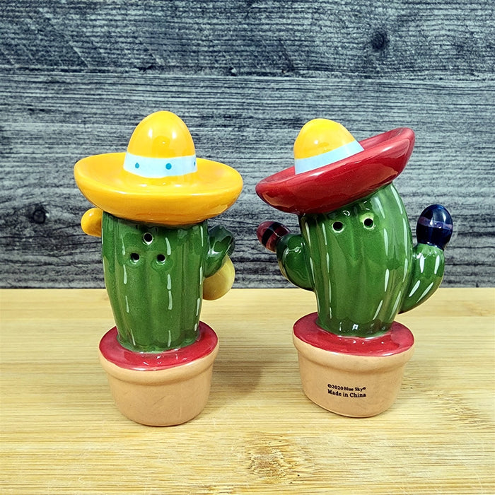 Fiesta Time Salt Pepper Set Mariachi Mexican Music Ceramic Cactus Blue Sky Decor