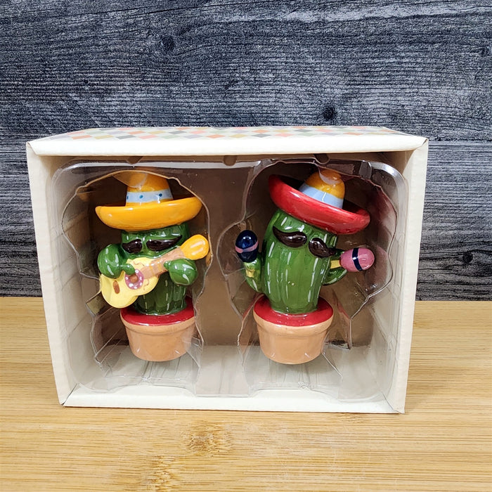 Fiesta Time Salt Pepper Set Mariachi Mexican Music Ceramic Cactus Blue Sky Decor