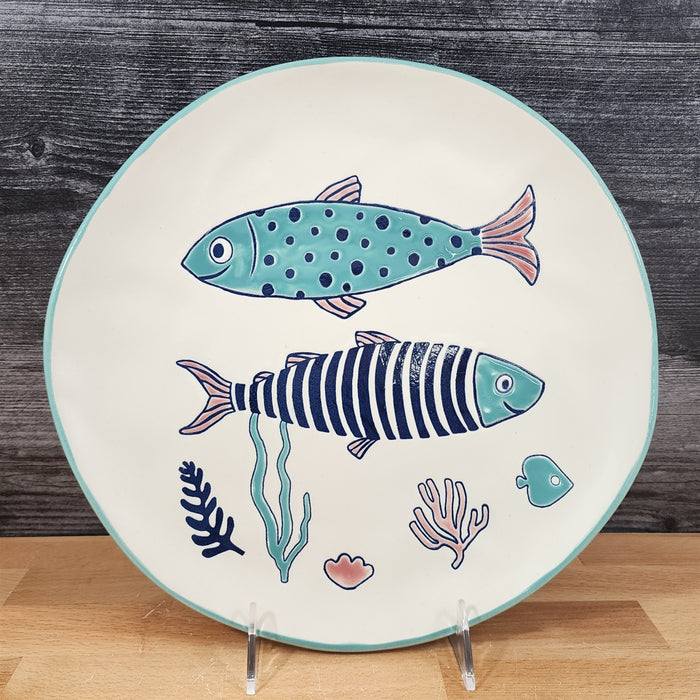 Finn and Fish Dinner Plate Whimsical Embossed Ceramic 10 Sea Nautical Blue Sky