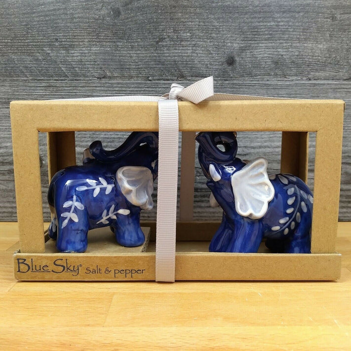 Floral Blue Elephants Salt Pepper Set Collectible by Blue Sky Clayworks