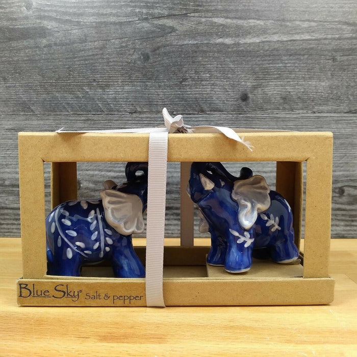 Floral Blue Elephants Salt Pepper Set Collectible by Blue Sky Clayworks