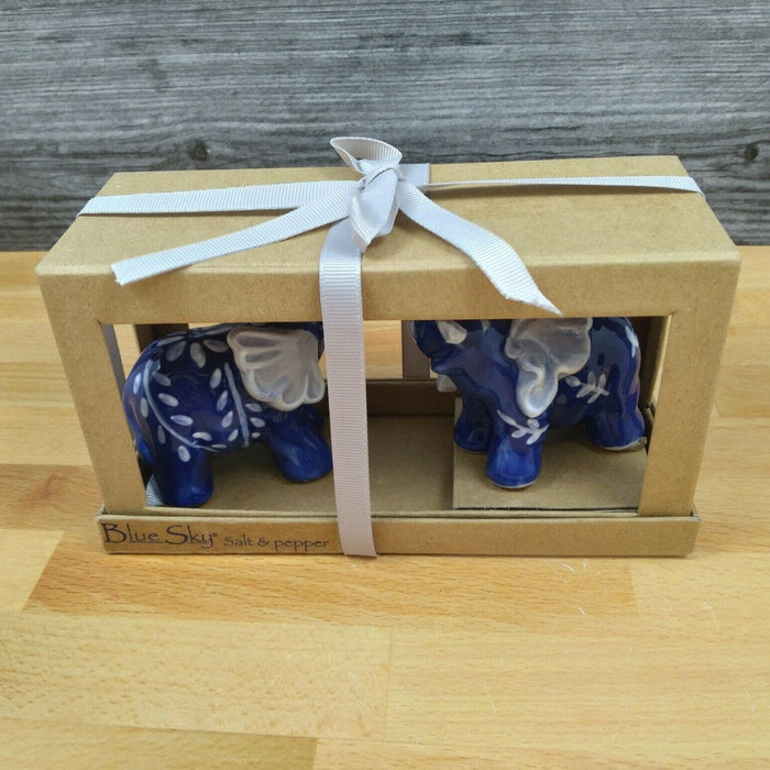 Floral Blue Elephants Salt Pepper Set Collectible by Blue Sky Clayworks