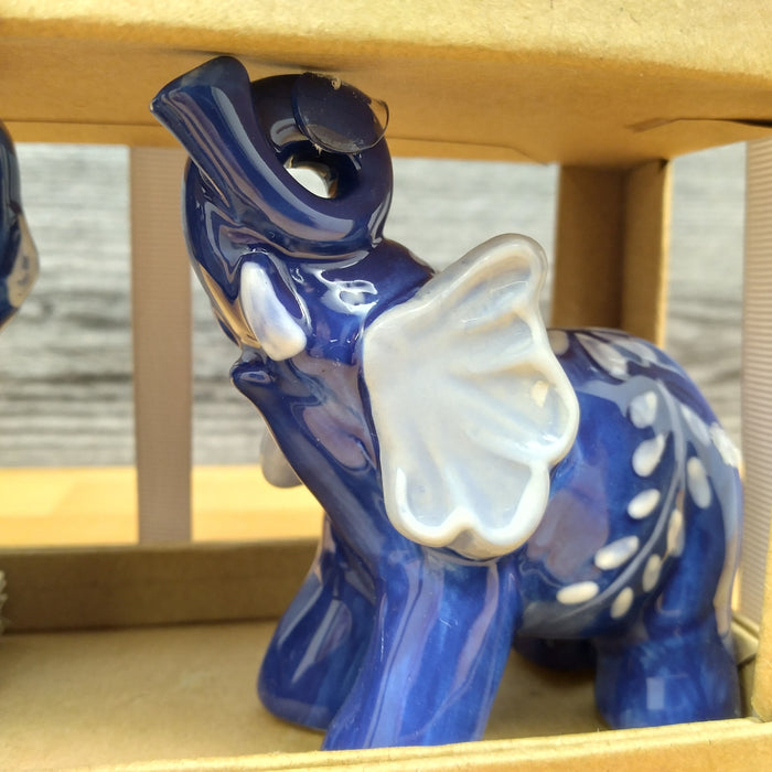 Floral Blue Elephants Salt Pepper Set Collectible by Blue Sky Clayworks