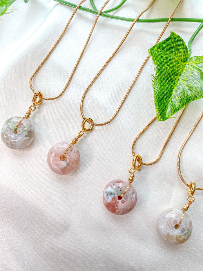 Flower Agate Donut Pendant Necklace