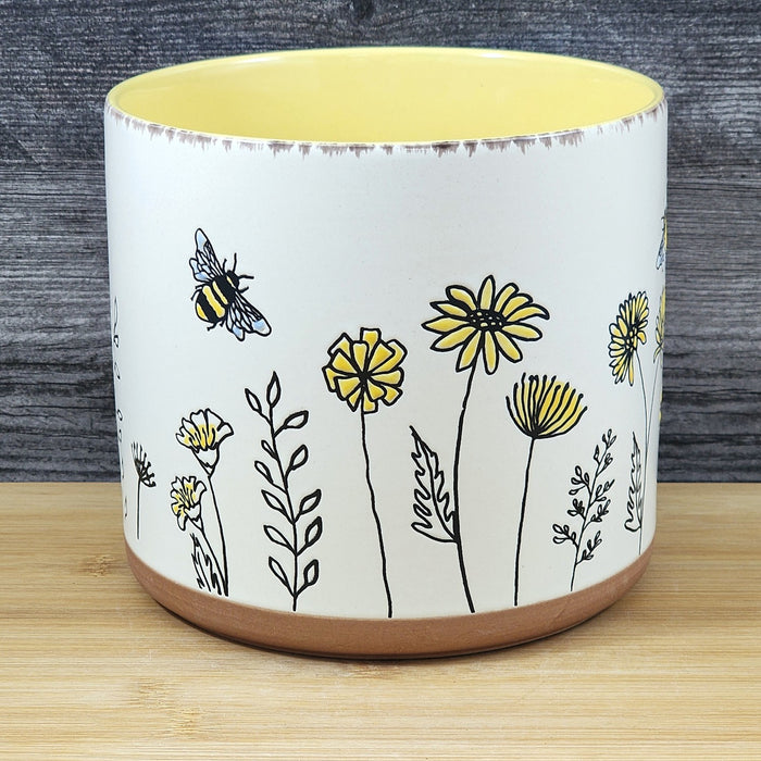 Flower Garden Planter Utensil Holder Daisy Plant Bee Ceramic Blue Sky Yellow 6.5in