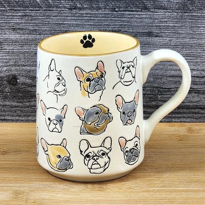French Bulldog Coffee Mug Dog Bully Breed Tea Cup Blue Sky Ceramic Embossed 18oz