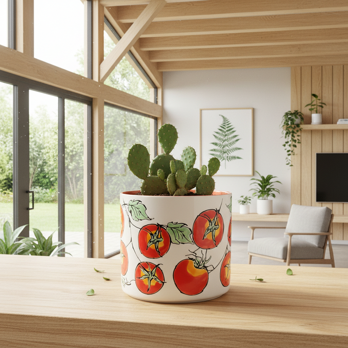 Garden Red Tomato Planter Utensil Organizer Pot Ceramic Crock Blue Sky 6.5in