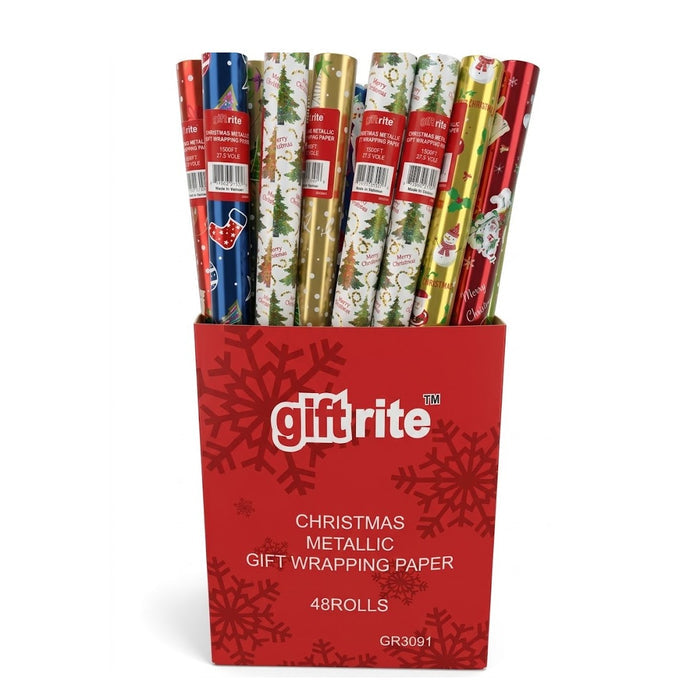 Giftrite 15 Sq. Ft. Christmas Metallic Foil Gift Wrapping Paper Rolls (Assorted Festive Designs) | Wholesale