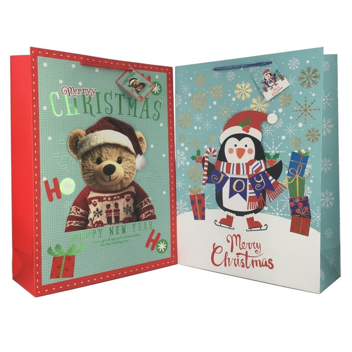 GiftRite Extra Large Christmas Gift Bags, 18" x 13" x 5", Four Assorted Designs, Wholesale