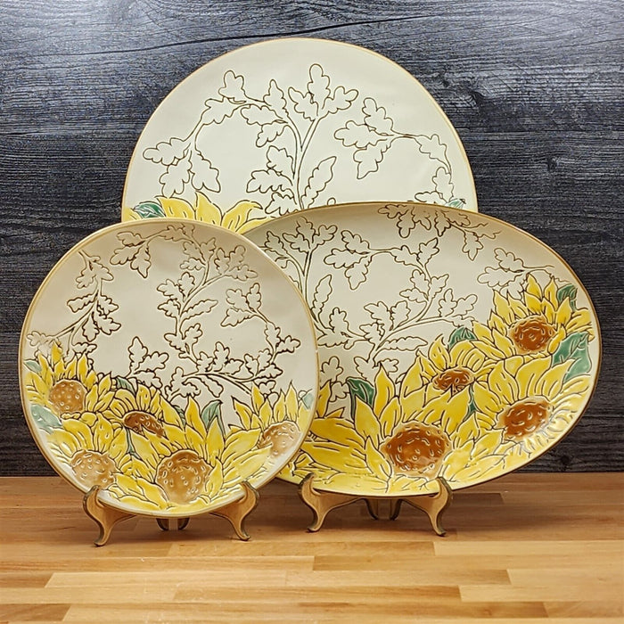 Gilded Sunflower Platter Set of 3 Ceramic Plate Serving Trays Embossed Blue Sky