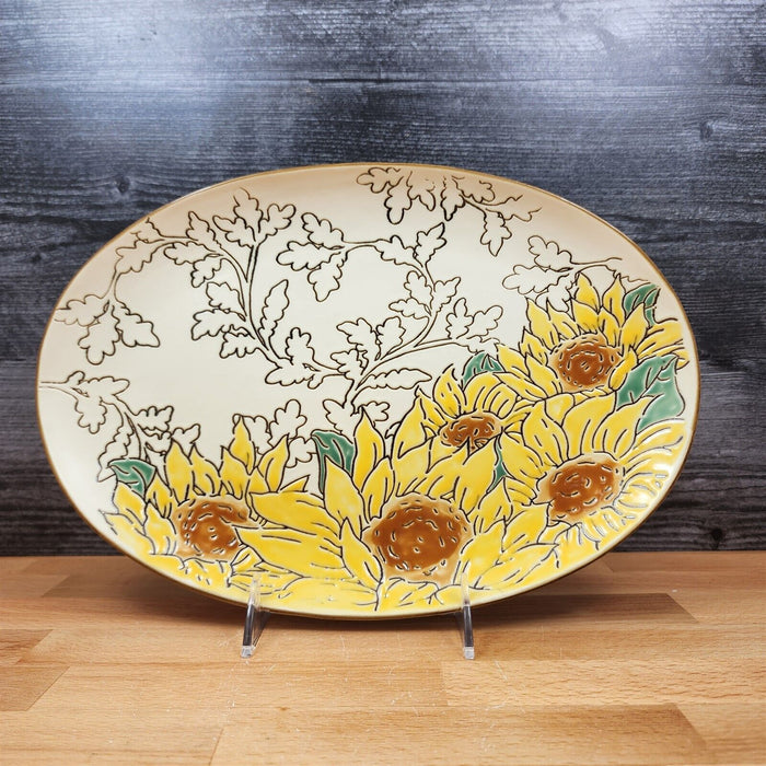 Gilded Sunflower Platter Set of 3 Ceramic Plate Serving Trays Embossed Blue Sky