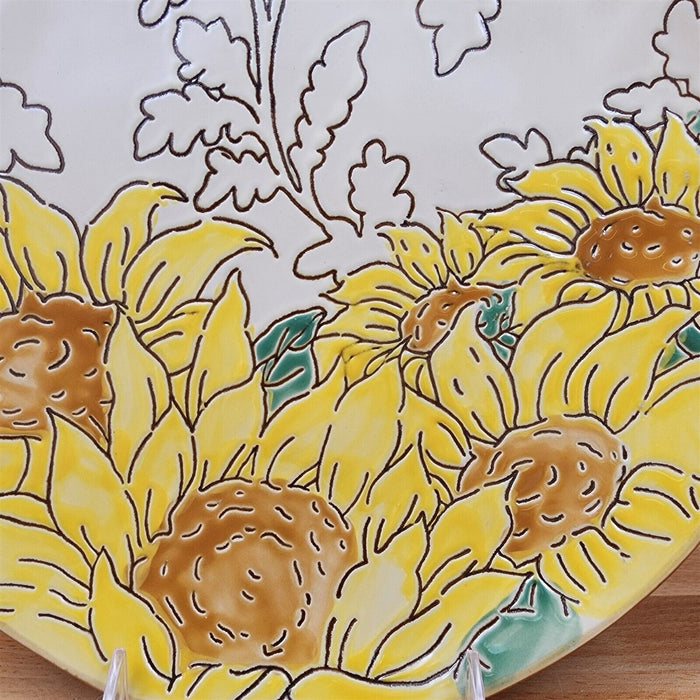 Gilded Sunflower Platter Set of 3 Ceramic Plate Serving Trays Embossed Blue Sky