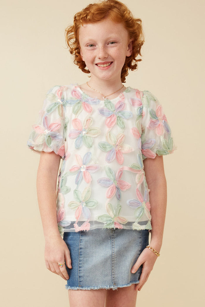 Girls Sequined Floral Bubble Top