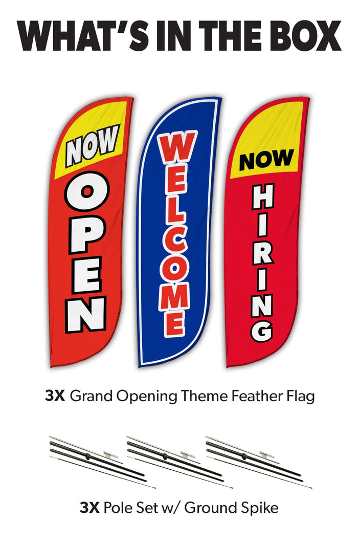 Grand Opening Feather Flag - Variety 3-Pack V1 w/ Ground Spike Pole Set