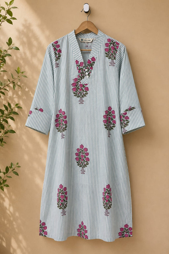 Green Stripe & Floral Buta Cotton Kurta - Tara-C-Tara