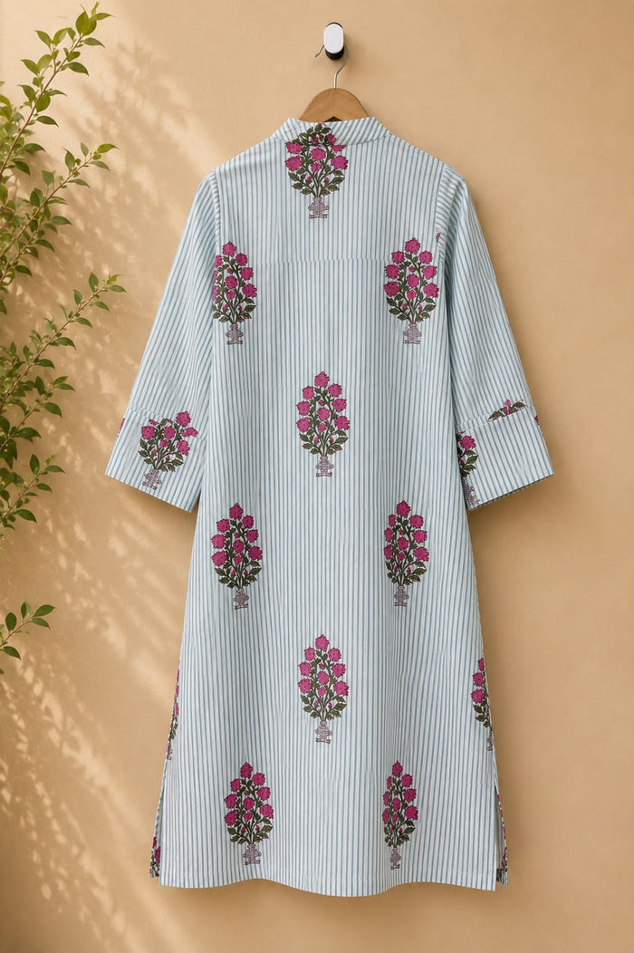 Green Stripe & Floral Buta Cotton Kurta - Tara-C-Tara