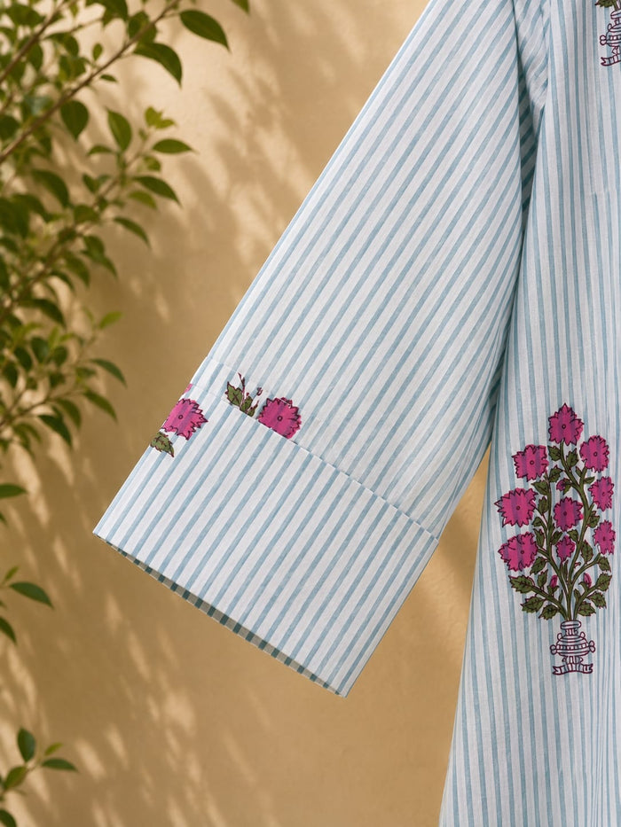 Green Stripe & Floral Buta Cotton Kurta - Tara-C-Tara