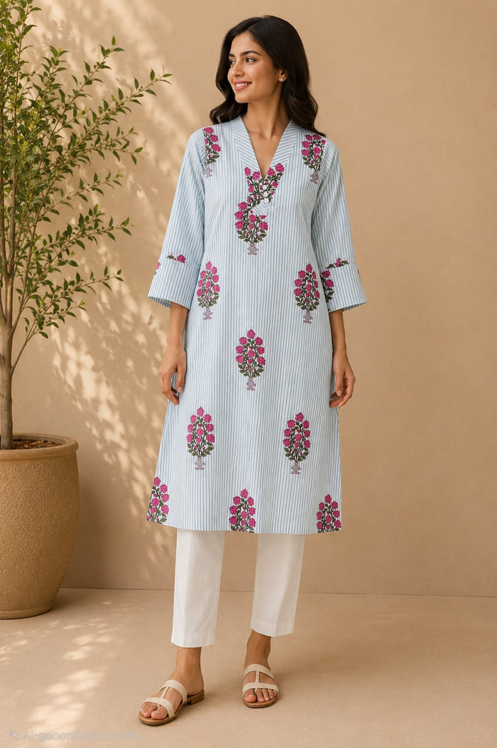 Green Stripe & Floral Buta Cotton Kurta - Tara-C-Tara