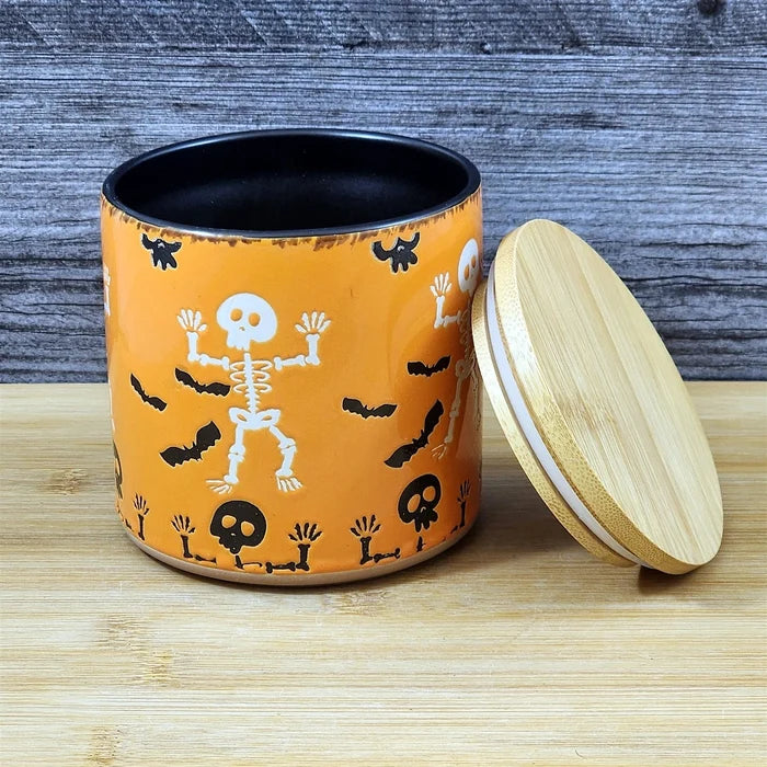 Halloween Skeletons Canister and Bamboo Lid Embossed 4" Ceramic Jar Blue Sky