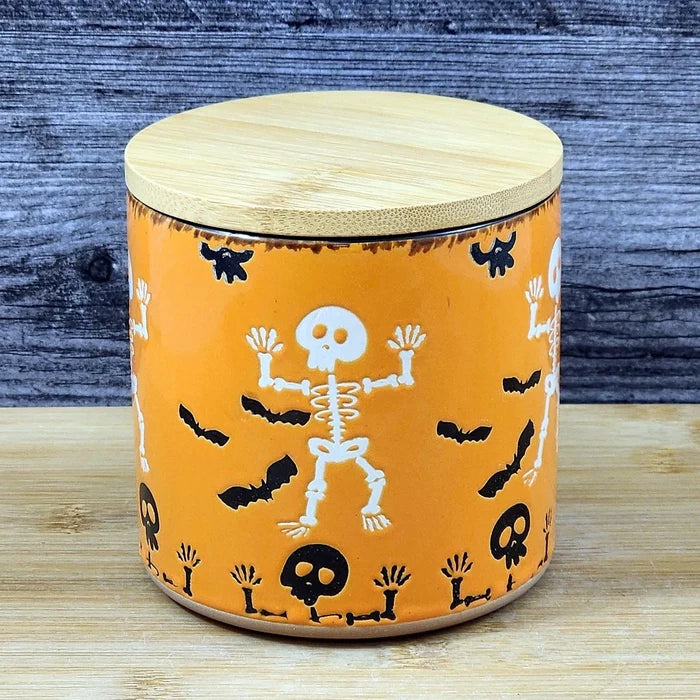 Halloween Skeletons Canister and Bamboo Lid Embossed 4" Ceramic Jar Blue Sky