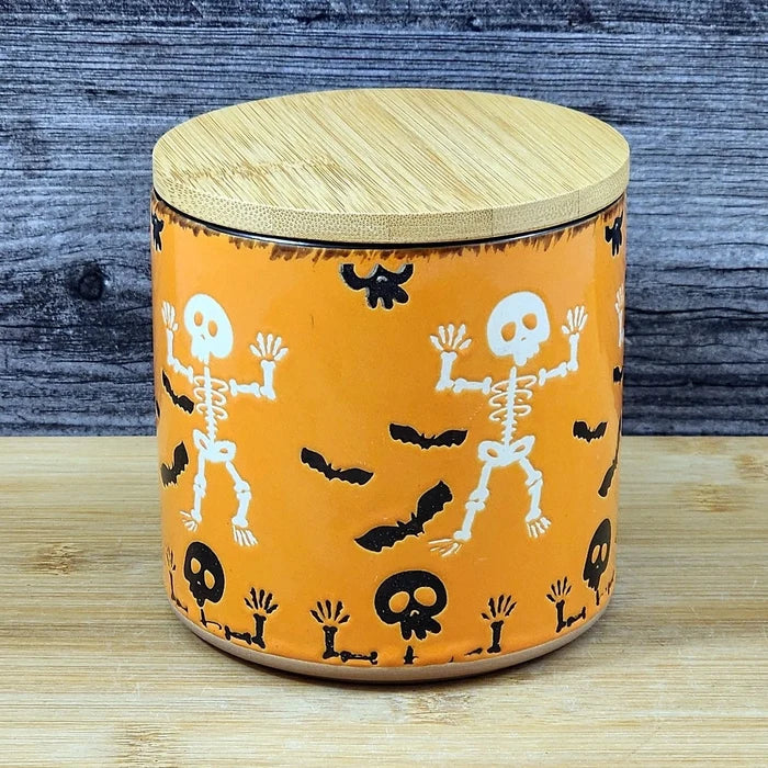 Halloween Skeletons Canister and Bamboo Lid Embossed 4" Ceramic Jar Blue Sky