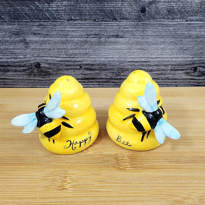 Happy Bumble Bee Hive Salt Pepper Set Collectible Ceramic Blue Sky Clayworks
