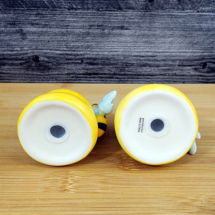 Happy Bumble Bee Hive Salt Pepper Set Collectible Ceramic Blue Sky Clayworks