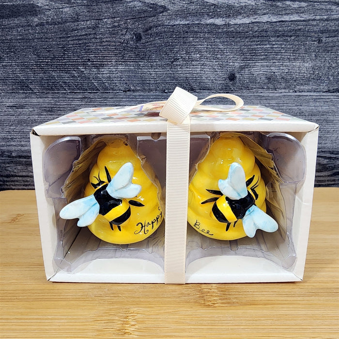 Happy Bumble Bee Hive Salt Pepper Set Collectible Ceramic Blue Sky Clayworks