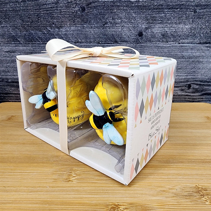 Happy Bumble Bee Hive Salt Pepper Set Collectible Ceramic Blue Sky Clayworks