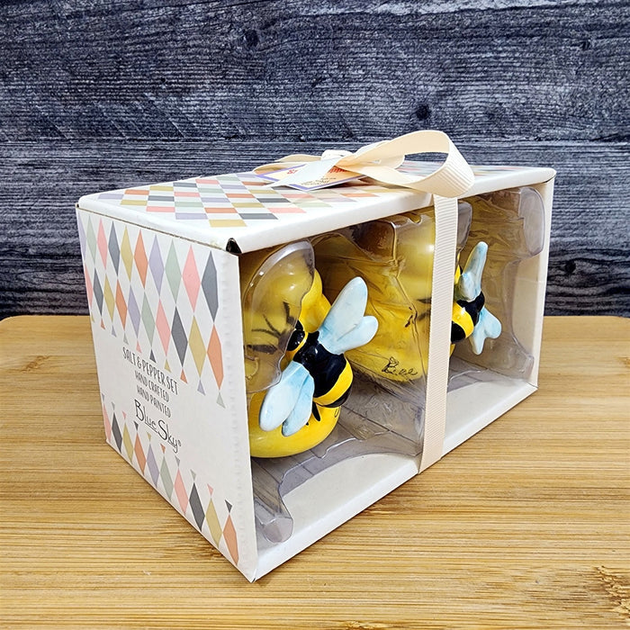 Happy Bumble Bee Hive Salt Pepper Set Collectible Ceramic Blue Sky Clayworks