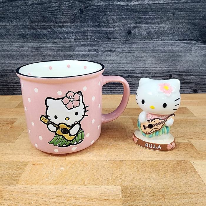 Hello Kitty Hula Figurine & Mug Set Coffee Tea Cup Blue Sky Ceramic Embossed