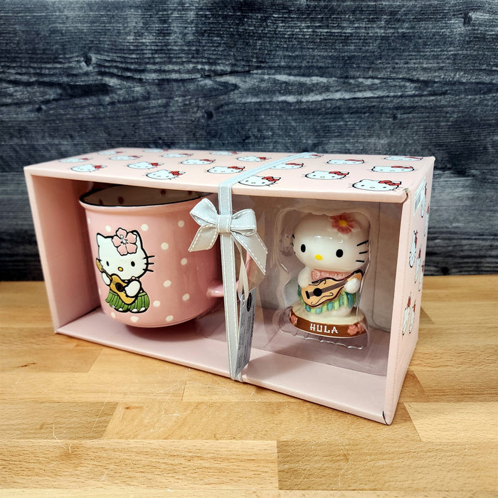 Hello Kitty Hula Figurine & Mug Set Coffee Tea Cup Blue Sky Ceramic Embossed