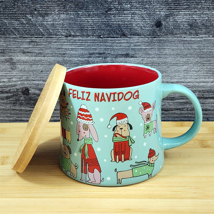 Holiday Christmas Dog Coffee Mug with Lid 17oz Embossed Cup Ceramic by Blue Sky