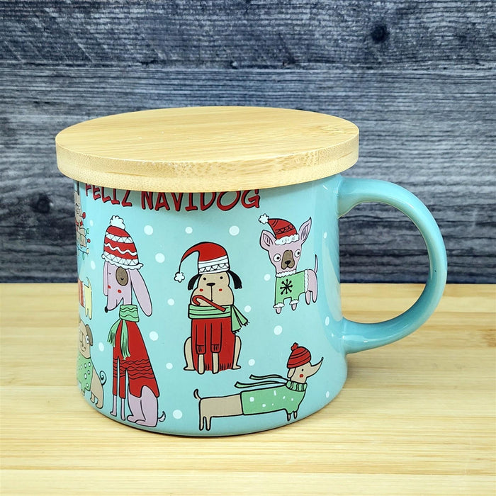 Holiday Christmas Dog Coffee Mug with Lid 17oz Embossed Cup Ceramic by Blue Sky