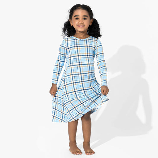 Holiday Plaid Blue Bamboo Girls' Long Sleeve Dress