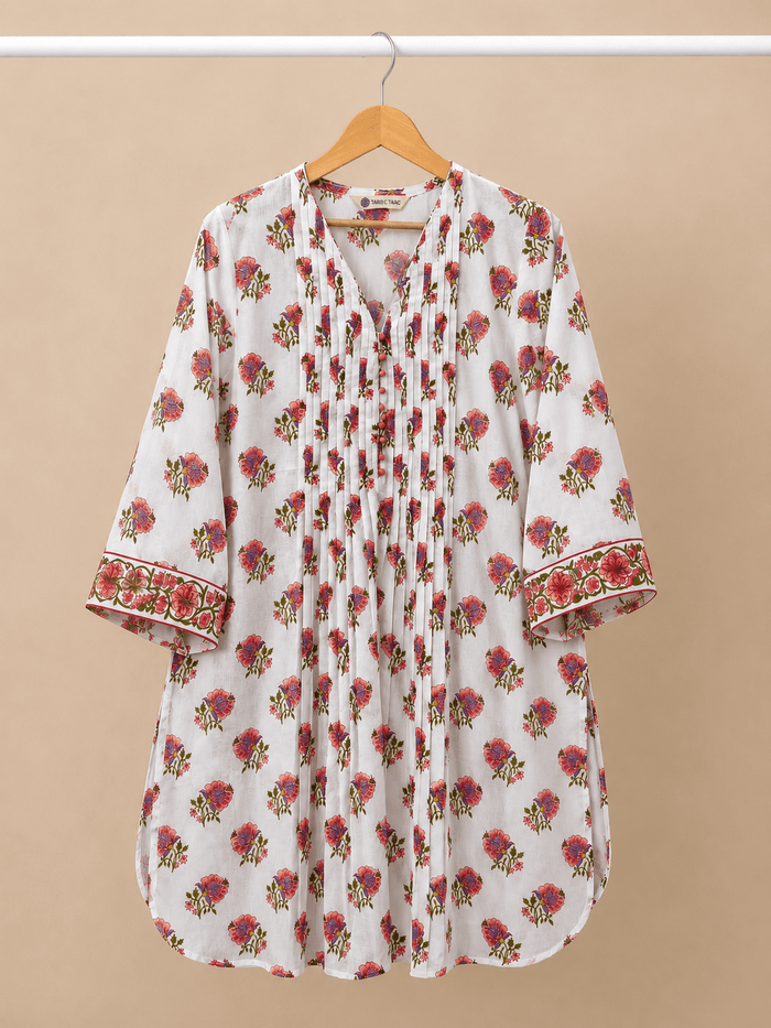 Ivory Floral Booti Pintuck Short Kurti - Tara-C-Tara