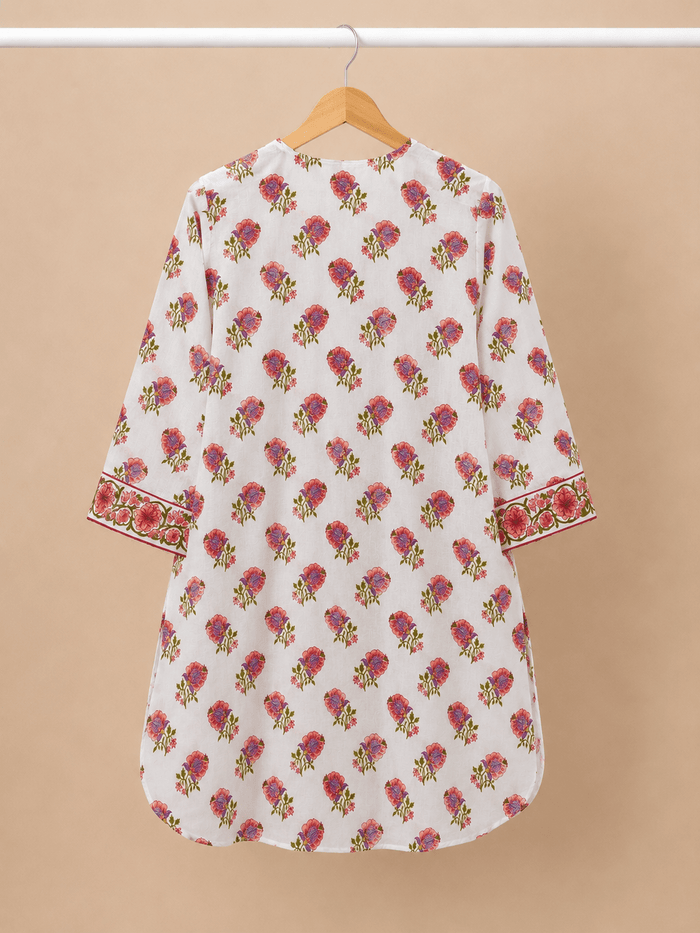 Ivory Floral Booti Pintuck Short Kurti - Tara-C-Tara