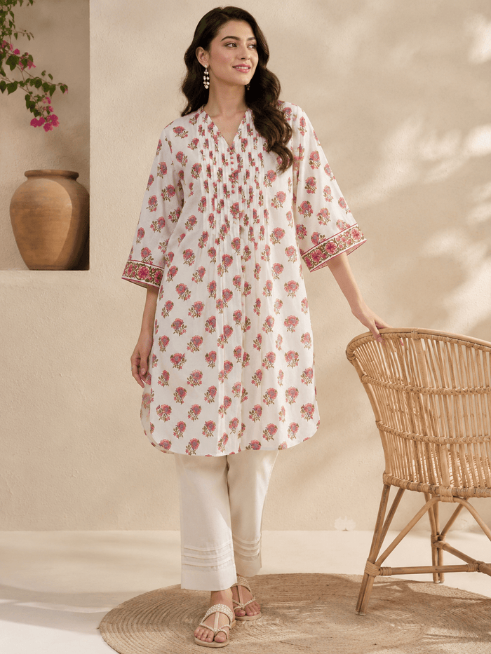Ivory Floral Booti Pintuck Short Kurti - Tara-C-Tara