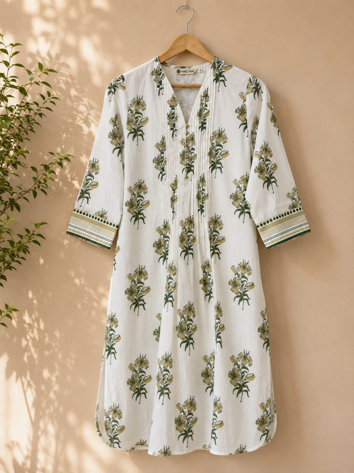 Ivory Lily Print Pintuck Cotton Kurta - Tara-C-Tara