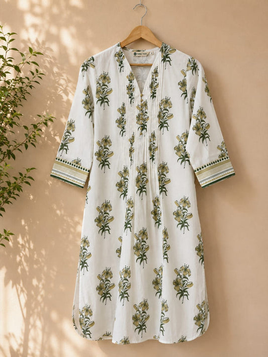 Ivory Lily Print Pintuck Cotton Kurta - Tara-C-Tara