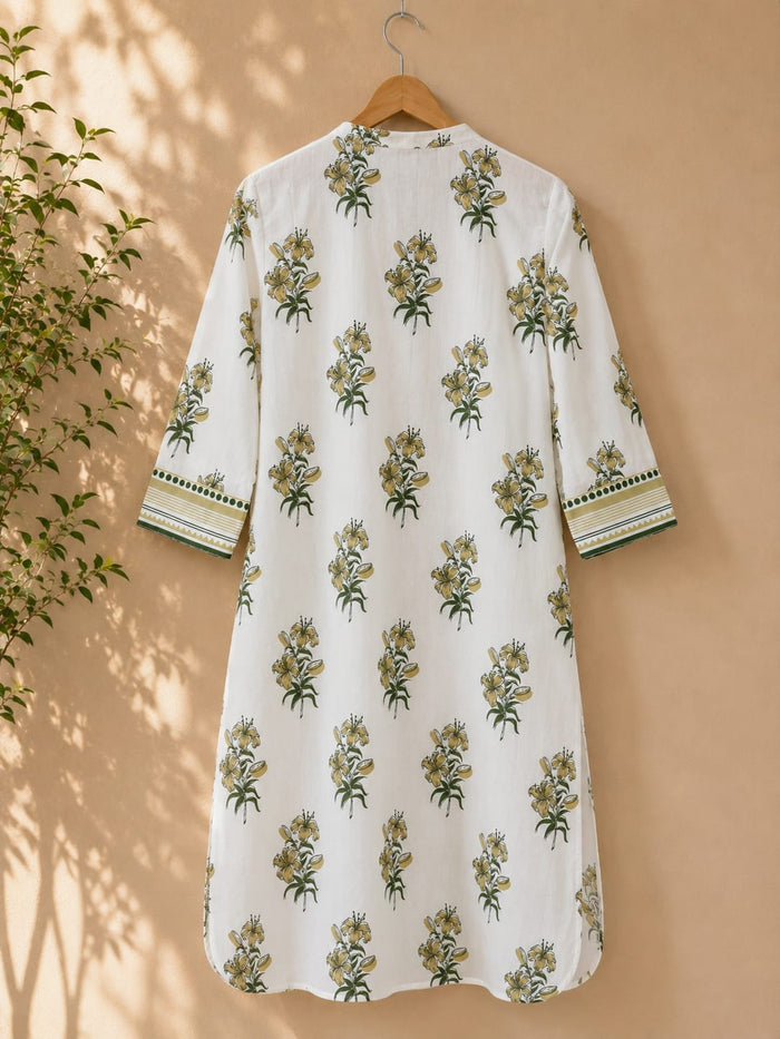 Ivory Lily Print Pintuck Cotton Kurta - Tara-C-Tara