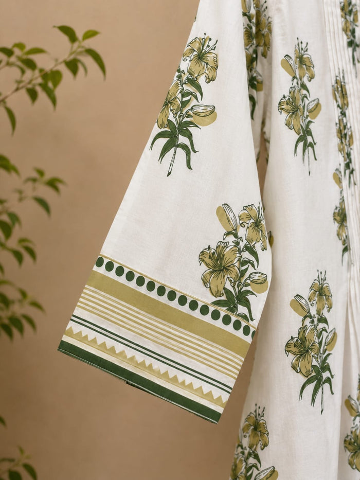 Ivory Lily Print Pintuck Cotton Kurta - Tara-C-Tara