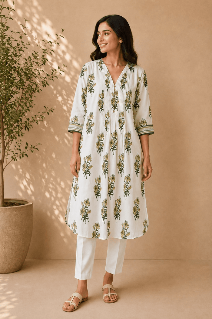 Ivory Lily Print Pintuck Cotton Kurta - Tara-C-Tara