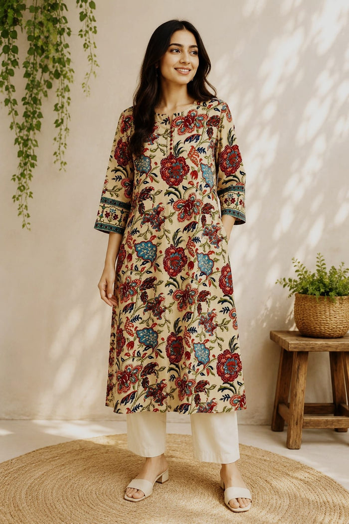 Ivory Mughal Jaal Hand Block Printed Cotton Kurta - Tara-C-Tara
