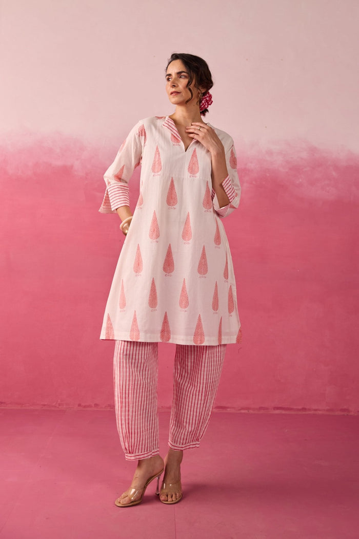 Ivory-Pink Leaf & Check Hand Block Printed Co-ord Set - Tara-C-Tara