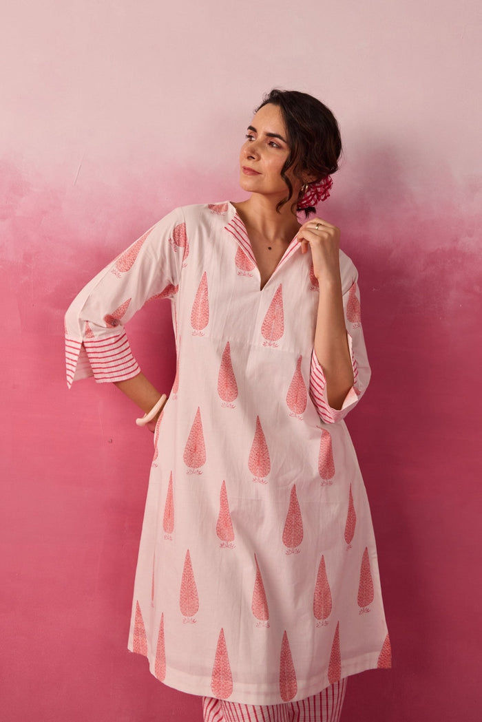 Ivory-Pink Leaf & Check Hand Block Printed Co-ord Set - Tara-C-Tara